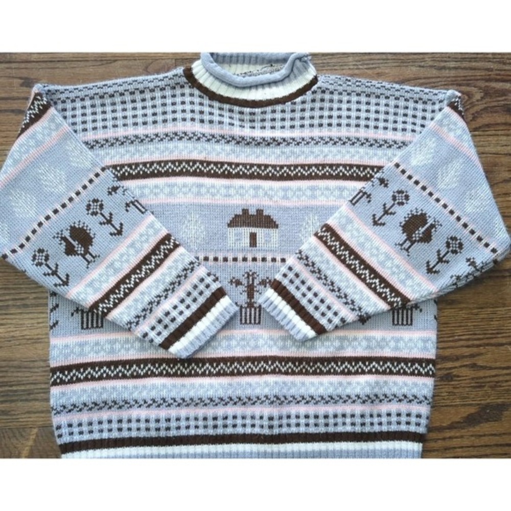 Vtg Hot Cashews 80s Cottagecore Fairisle Farm The Little House Theme Sweater M - Picture 2 of 9